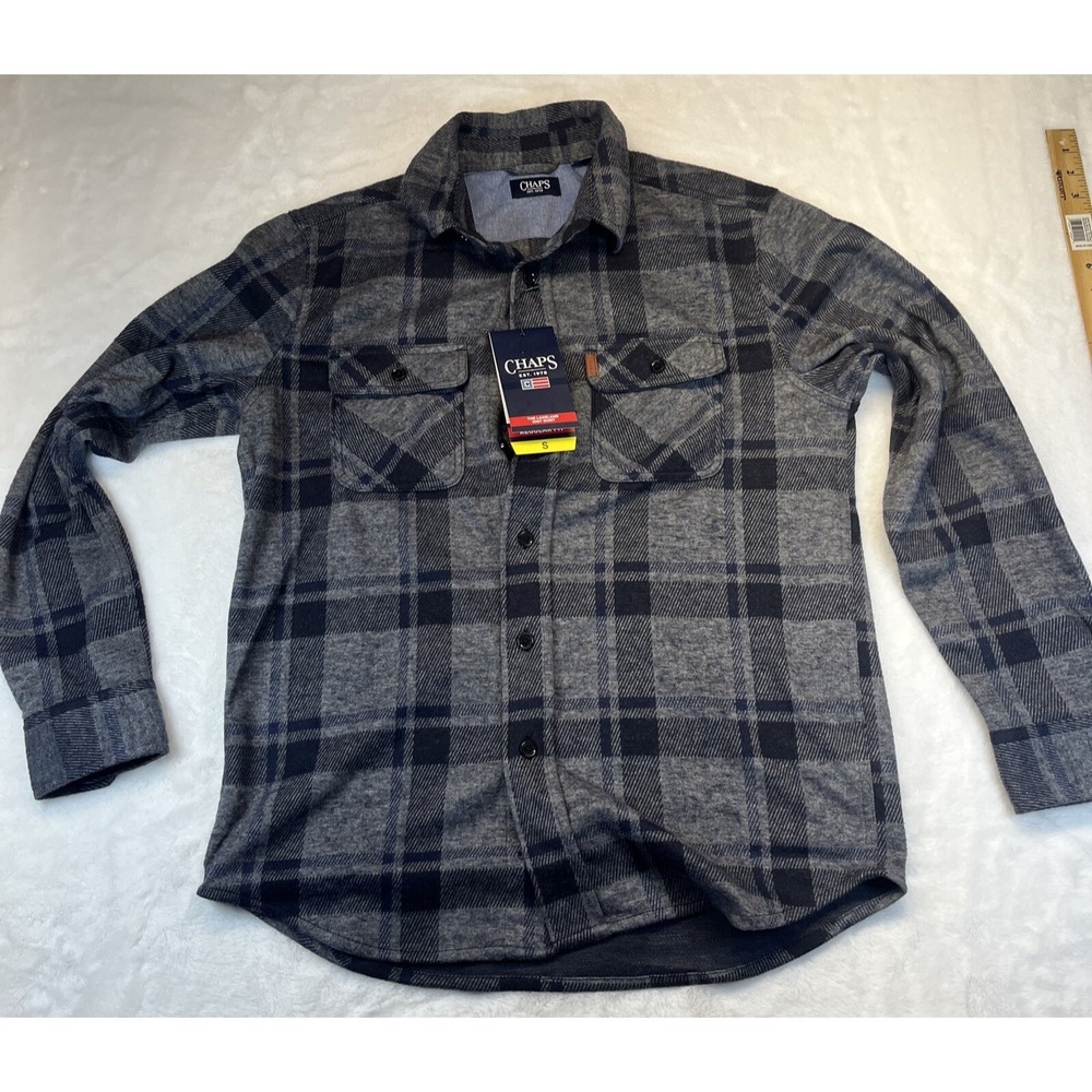 Chaps Mens Lakeland Knit Flannel Shirt Small Grey Navy Plaid Stretch Regular Fit